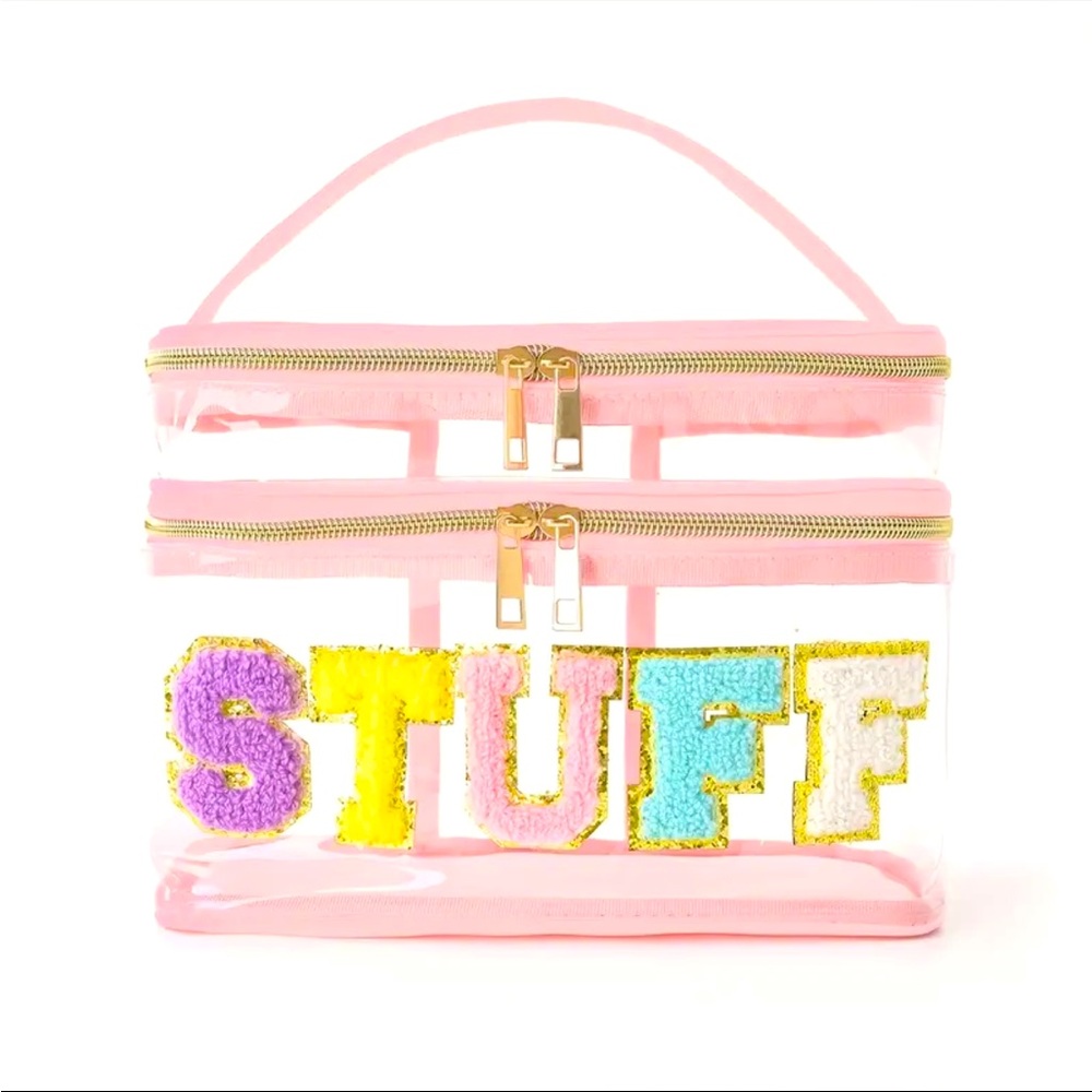 💕 Pink Clear Travel Cosmetic Makeup Case Fuzzy STUFF Chenille Double Zip